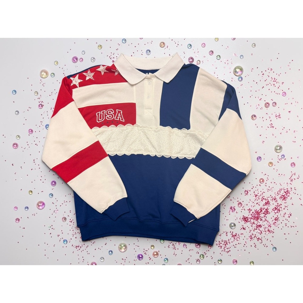 USA Patriotic Lace Trim Rugby Sweatshirt - Womens Size Medium - NEW!!